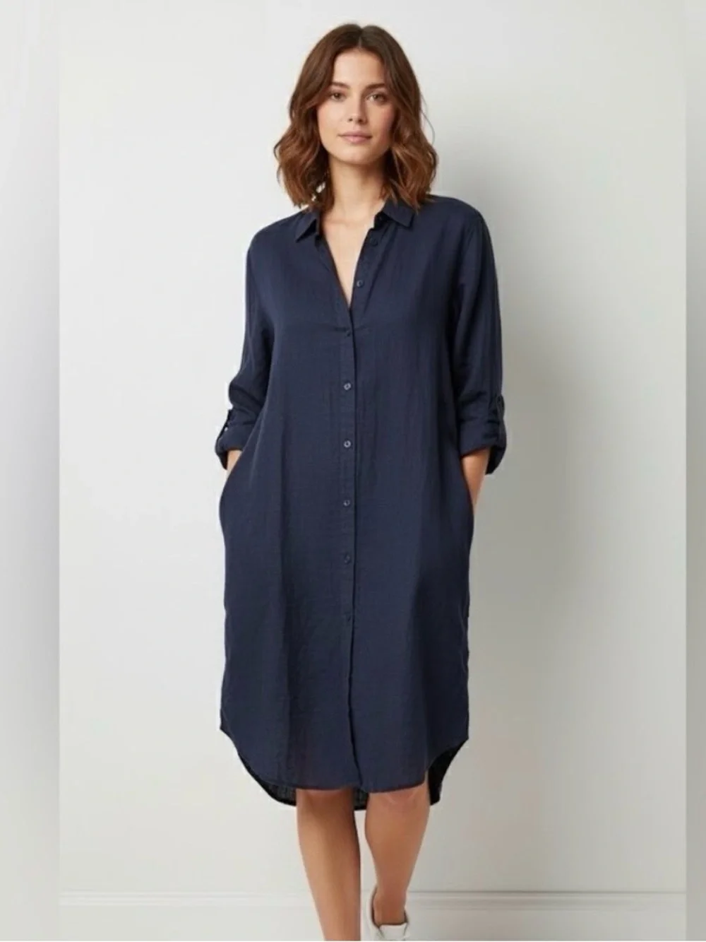 Roots 100% linen Navy Long-Sleeve Button-Front Shirt Dress - Picture 1 of 9